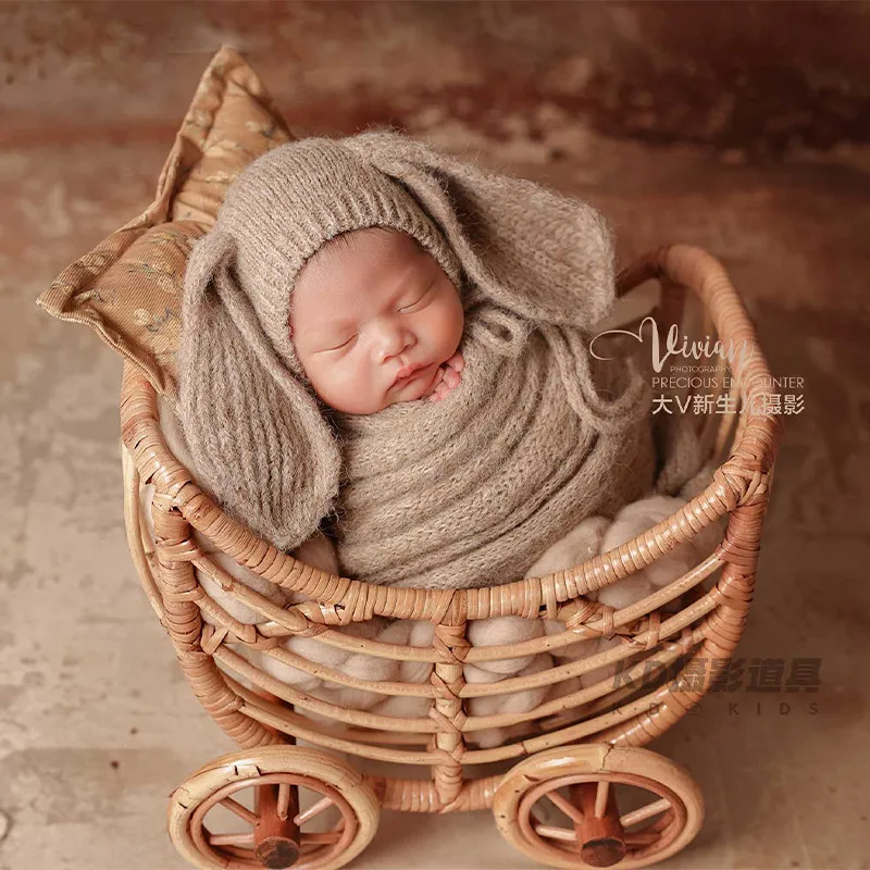 Newborn Photography Accessories Theme Set Vintage Rattan Stroller Knitted Bunny Hat Wrap Pillow Backdrop for Studio Photoshoot