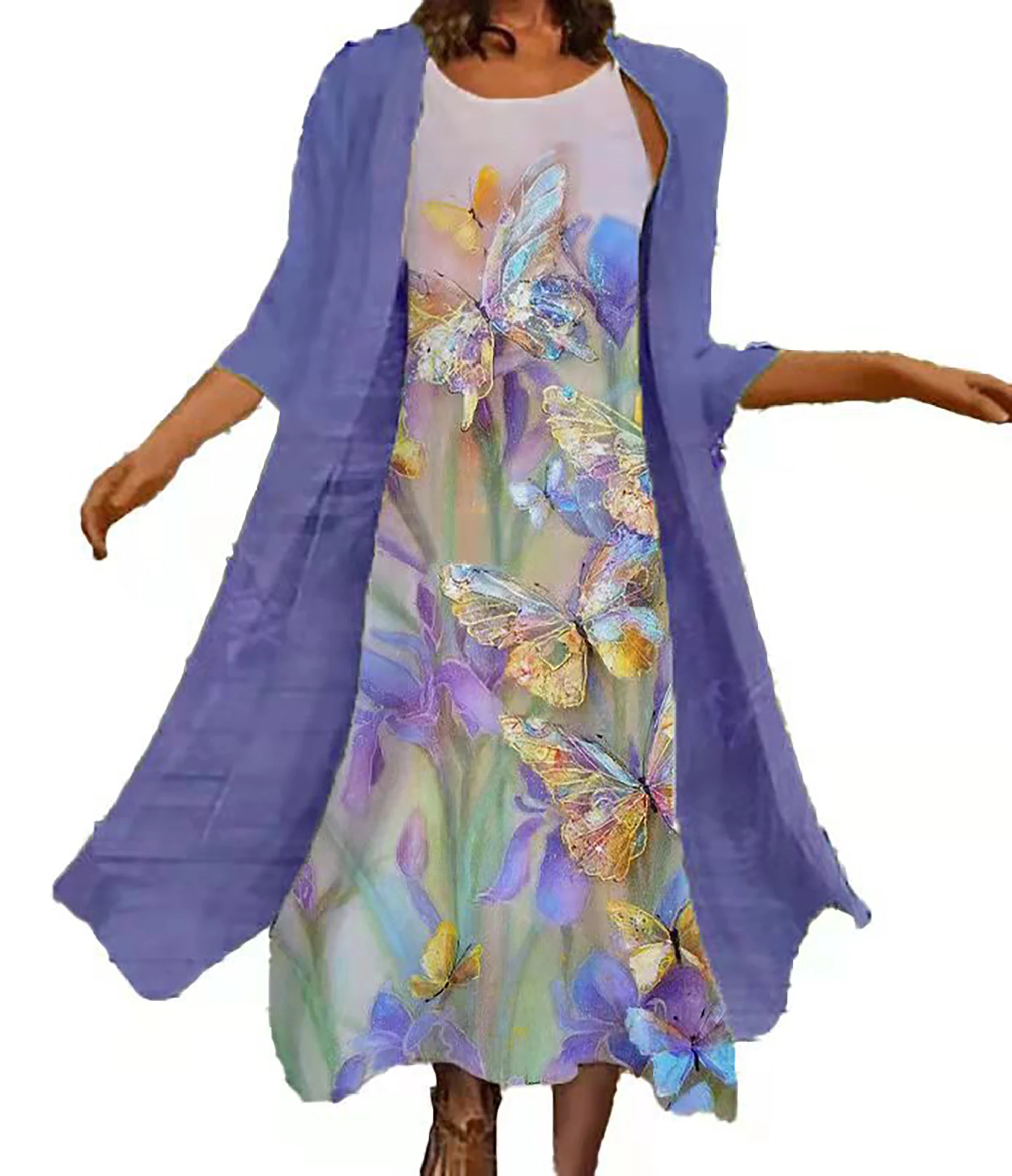 2024 Europe and the United States spring and summer new women\'s two-piece set of printed round neck long skirt chiffon pocket ou
