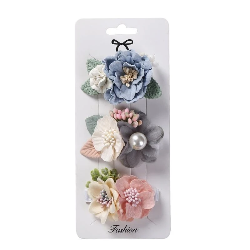 

J15U 3Pcs Kids Baby Girls Floral Hair Clips Set Artificial Flower Fully Lined Clip Hairpins Toddler Teens Boutique Bow