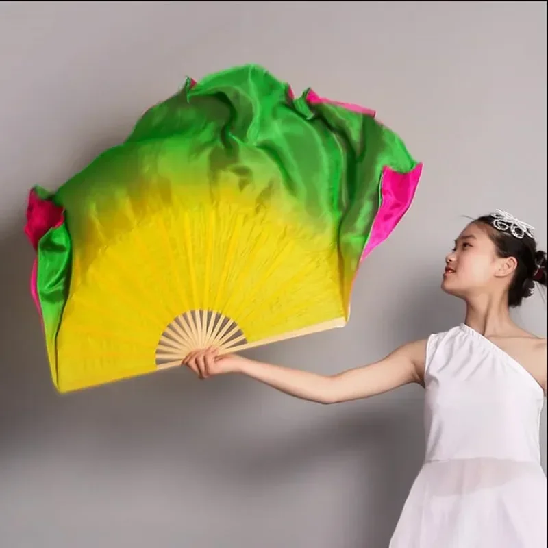 1 Pair Real Silk Belly Dance Fan Two Layers Composite Color Chinese Folk Dance Fan Wholesale Handmade Art Worship Fan