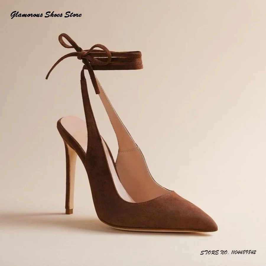 

Concise Lace-up Suede Pumps Elegant Office Ladies Pointed Toe High Stiletto Heels Spring Summer Ankle Strap Party Heeled Shoes