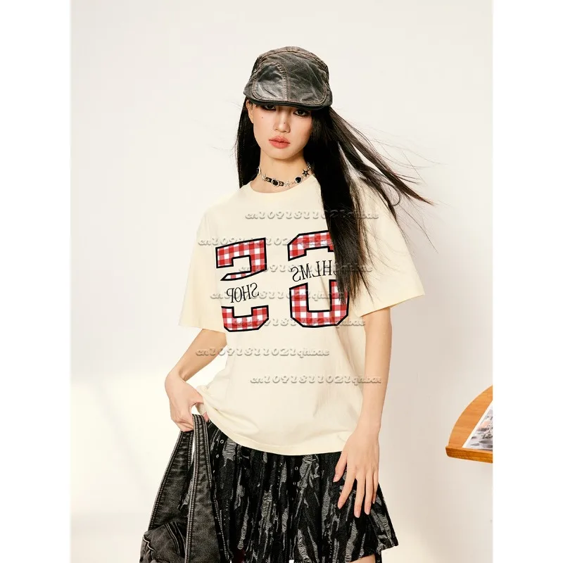 

Японская клетчатая женская футболка с короткими рукавами и 3D принтом букв, новая летняя свободная повседневная универсальная быстросохнущая трендовая футболка