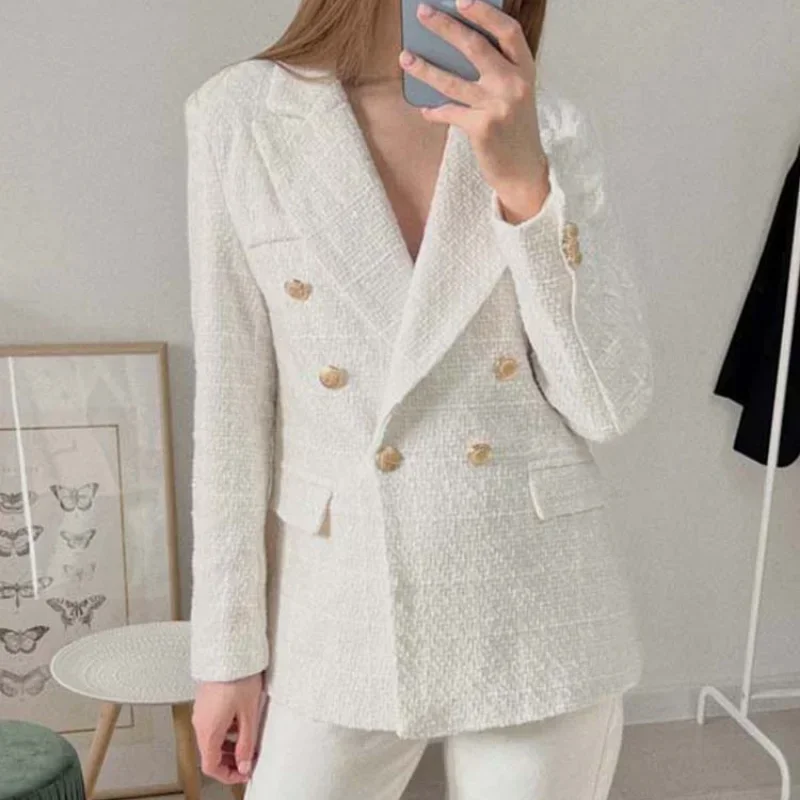 Women Jacket Spring 2022 TRAF Fashion Double Breasted Tweed Blazer Coat Vintage Long Sleeve Female Outerwear Chic Top 2022