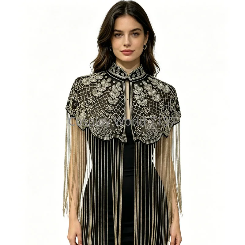 Chaqueta Bolero Corta Elegante con Lentejuelas y Flecos de Cuentas Retro para Mujer, Ideal para Bodas, Banquetes y Cócteles