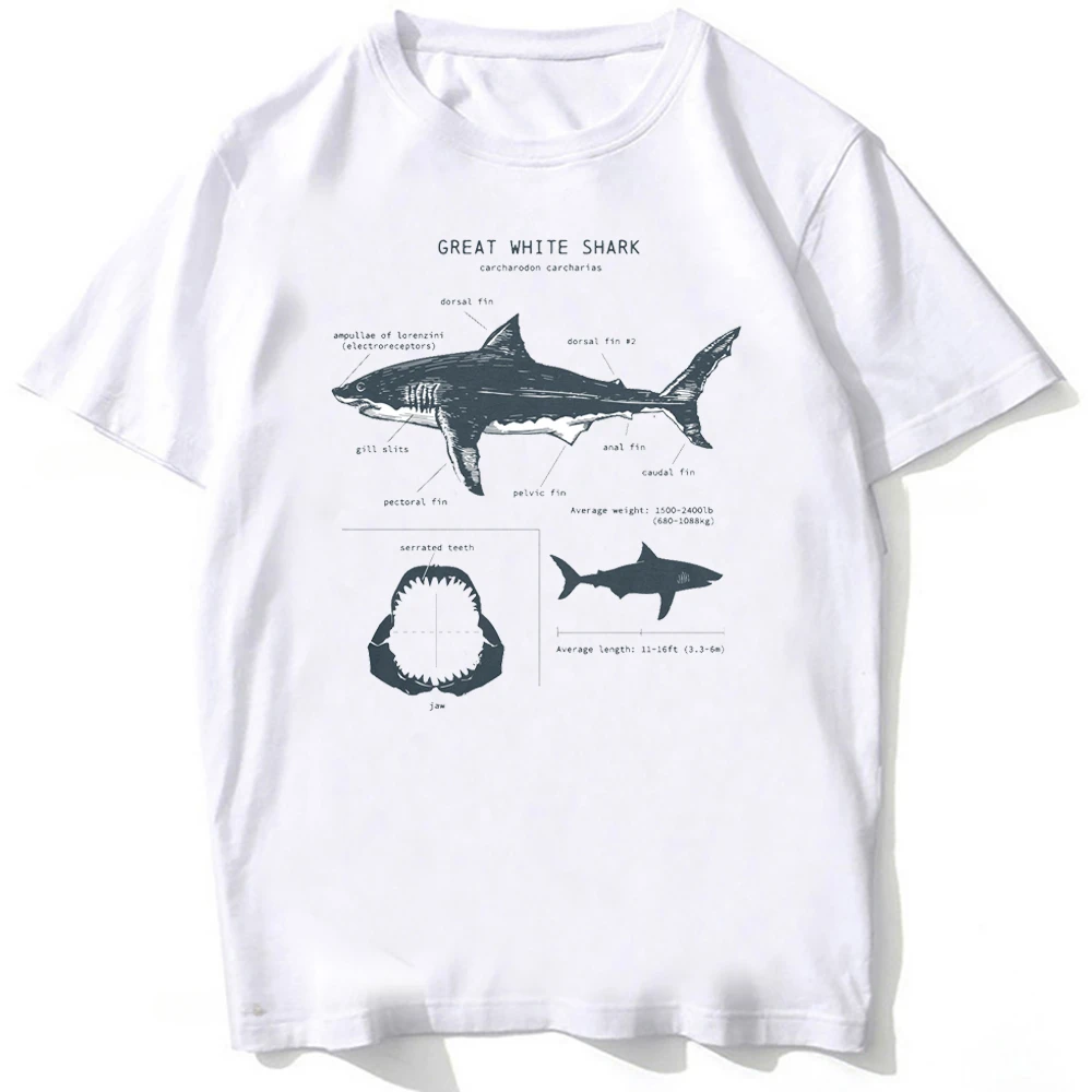 Casual Tees Retro Hip Hop Boy Tops New Summer Men Short Sleeve  Killer Whale Great White Shark Anatomy T-Shirt Sea Animal Lovers