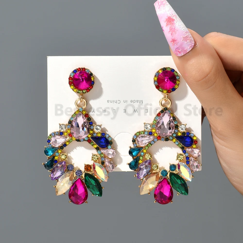 Pendientes colgantes grandes de diamantes de imitación para mujer, candelabro de cristal colorido, diseñador de lujo, joyería de fiesta de boda y