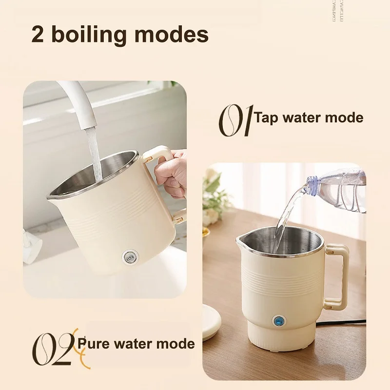 

800ml Electric Kettle Portable Water Boiling Cup Milk Soaking Pot 2 Gear Adjust Folding Travel 304 Stainless Steel Quick Kettle