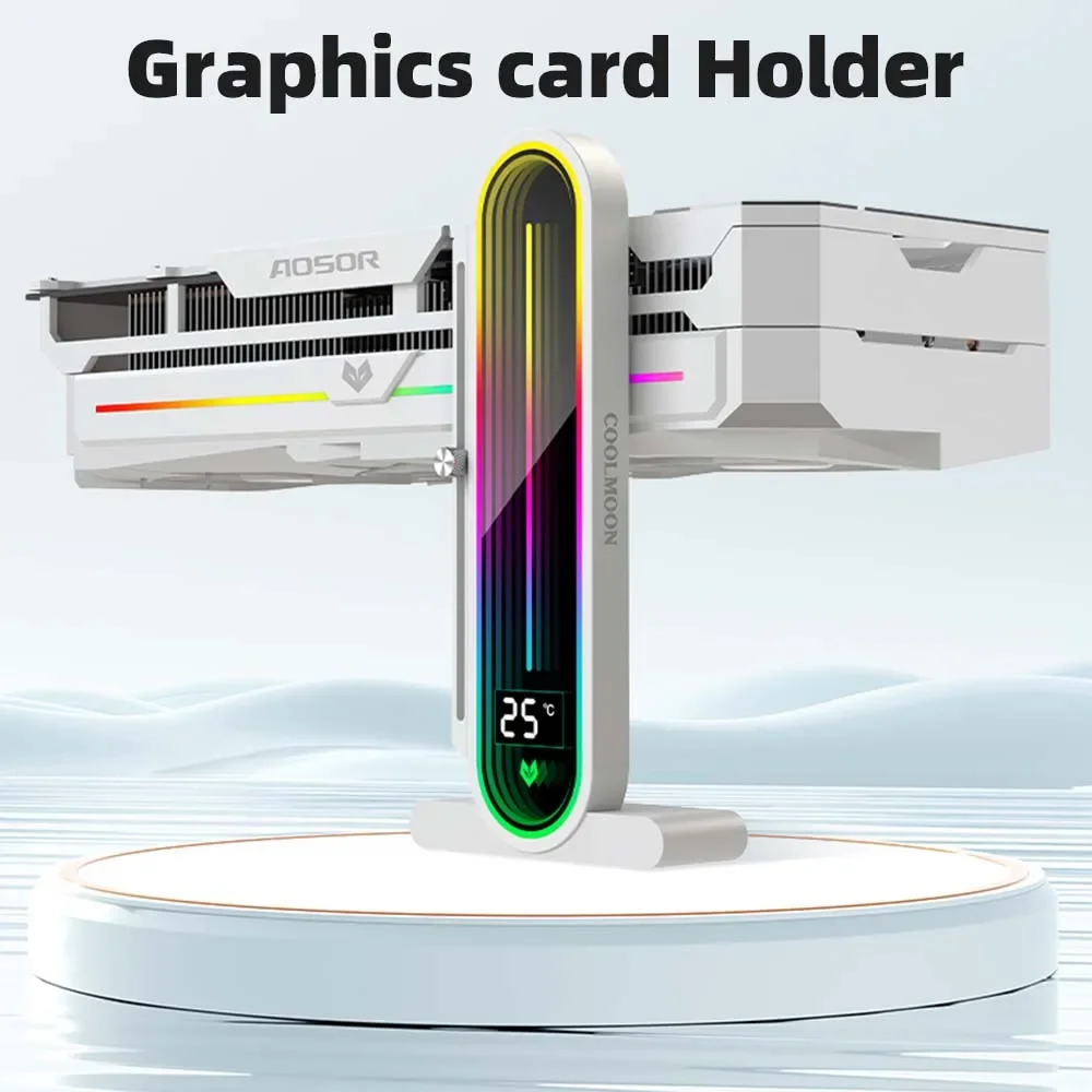 COOLMOON Graphics Card GPU Holder Vertical 5V 3Pin ARGB Temperature Display Mirror Light For Desktop Computer Case Stand Holder