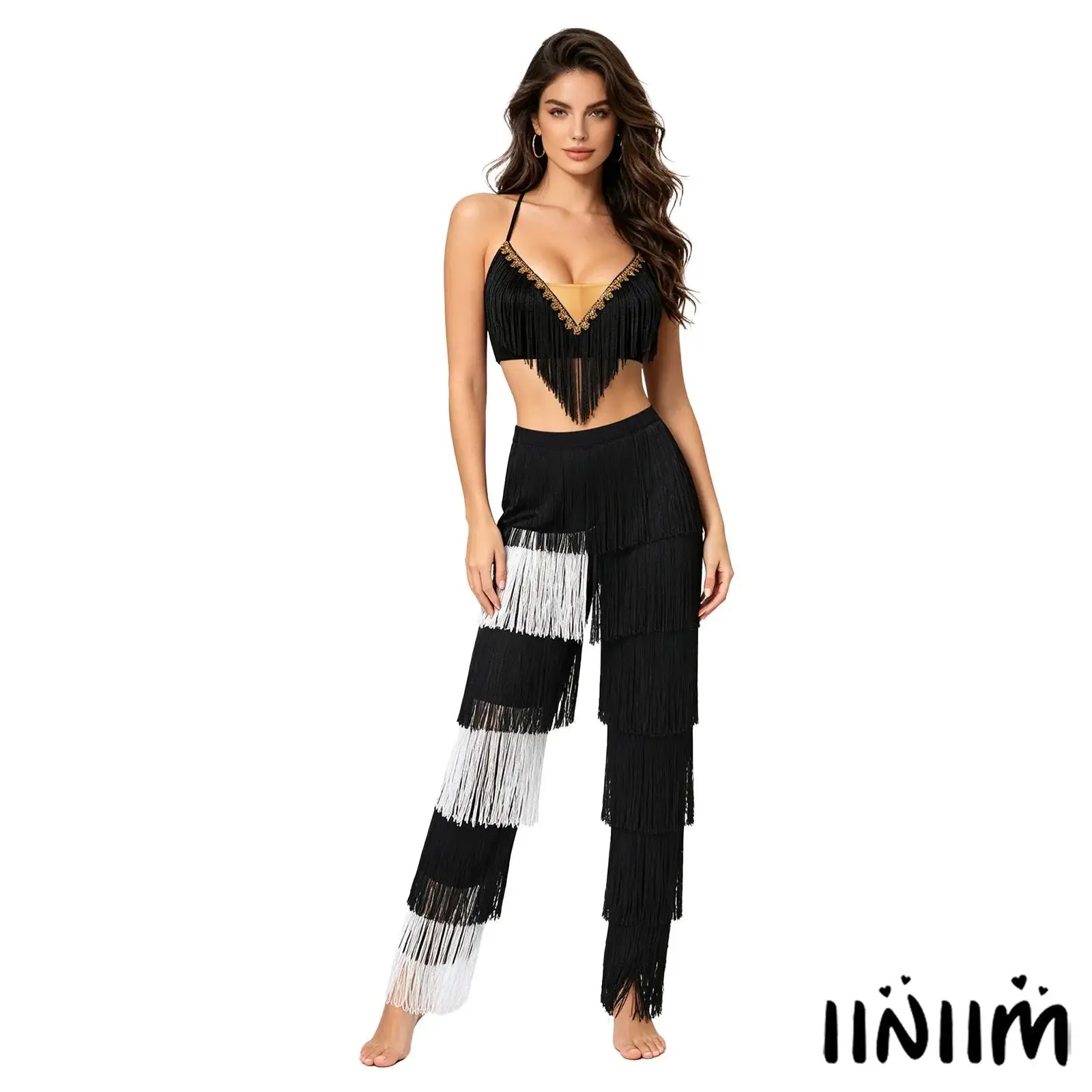 

Elegant Latin Salsa Dance Set for Women Gold Trim Tassel Detail Crop Top with Elastic Waist Pants Latin Samba Tango Dance Outfit