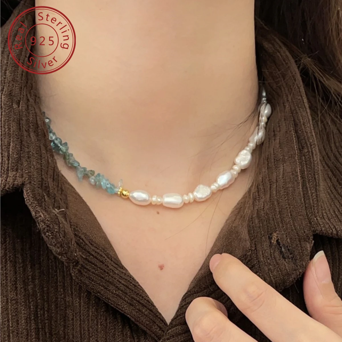 925 silver natural freshwater pearl sea blue treasure any shape necklace, simple senior, French light luxury feeling