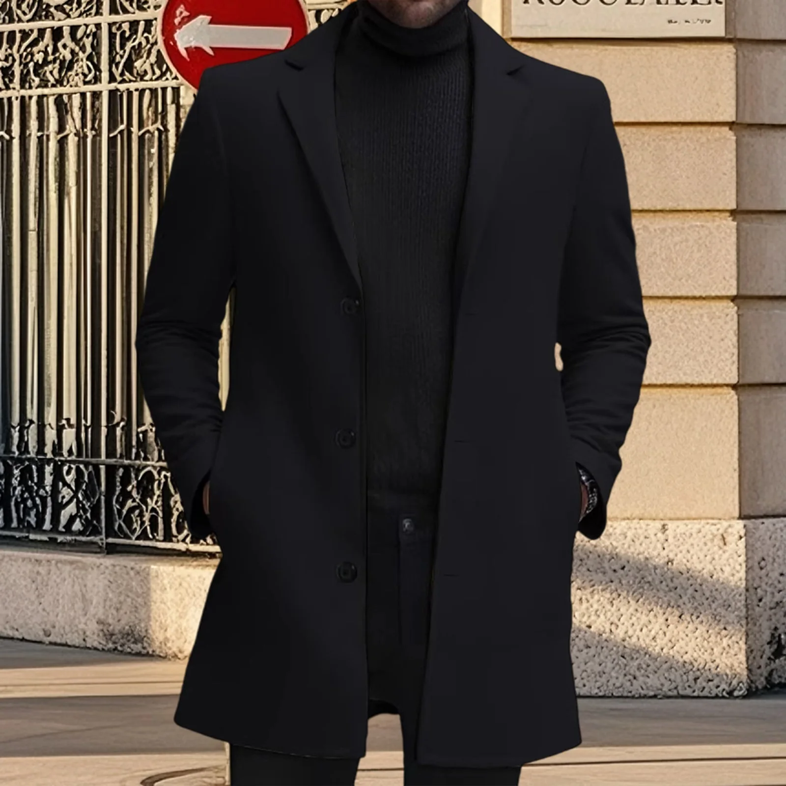 Men s Wool Pea Coat Solid Color Lapel Collar Single Breasted Jacket Warm Mid Length Winter Trench Coat