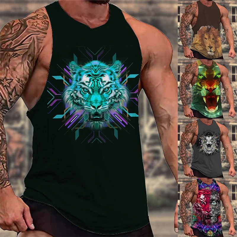 

2024 New Men's Sleeveless Vest Summer Leisure Breathable Refreshing Exercise Fitness Men's Sleeveless Vest Printed Tiger Pattern