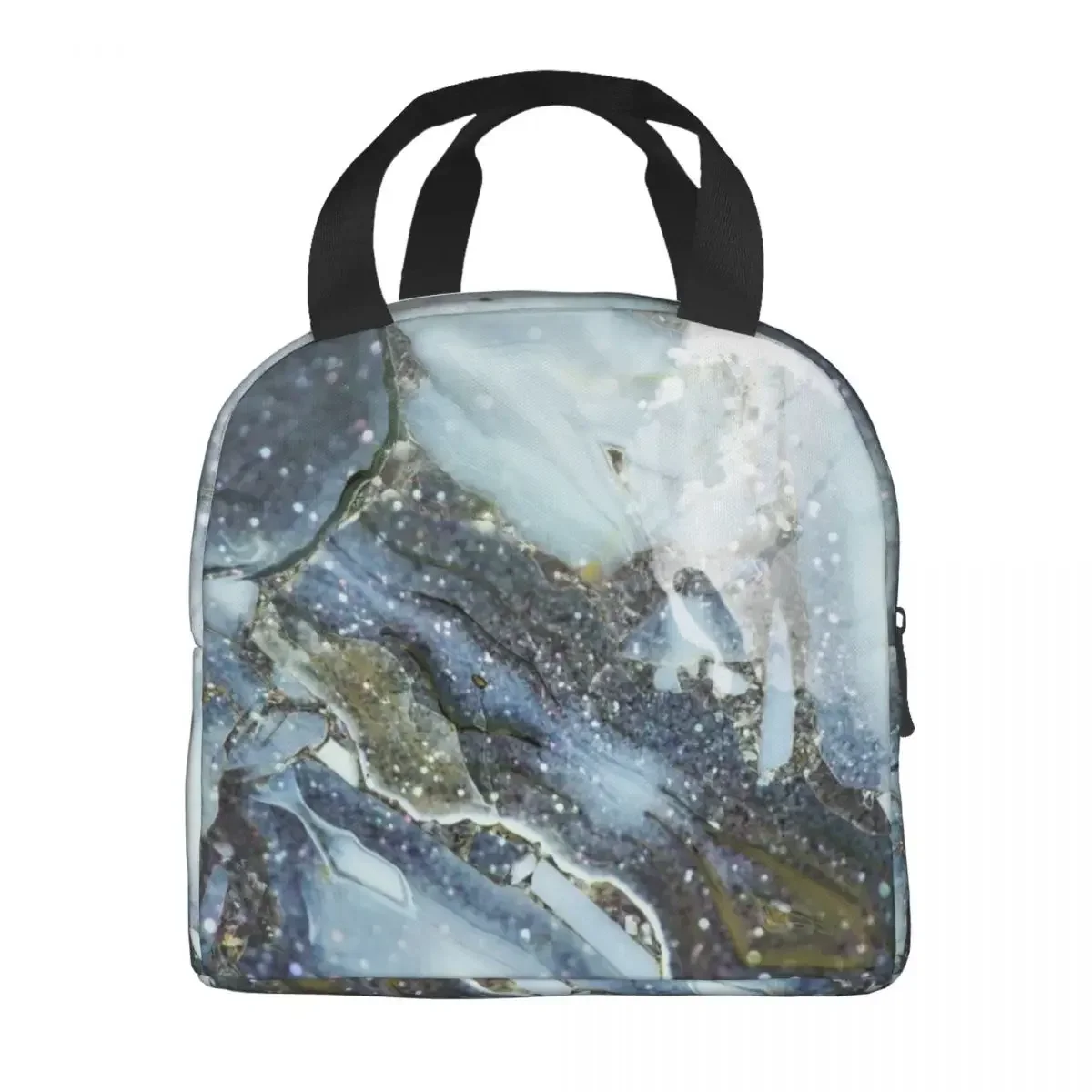 Blue And Gray Shimmering Agate Thermal Insulated Lunch Bags Women Marble Lunch Tote for Outdoor Camping Travel Storage Food Box