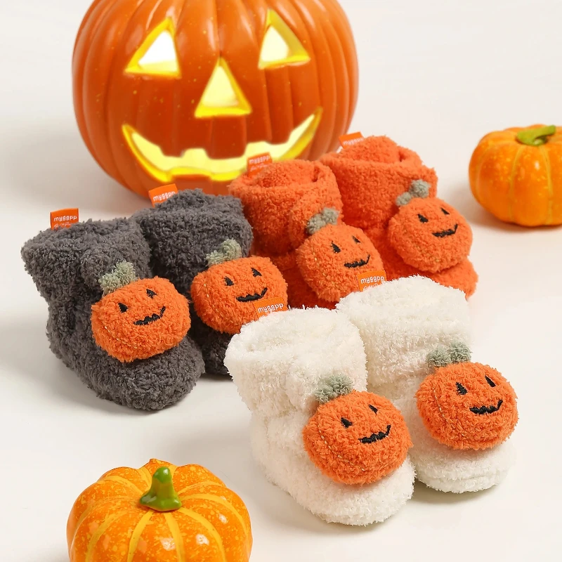 

Halloween Pumpkin Baby Booties Stay On Slipper Winter Warm Soft Shoes Newborn Crib Sock Shoes