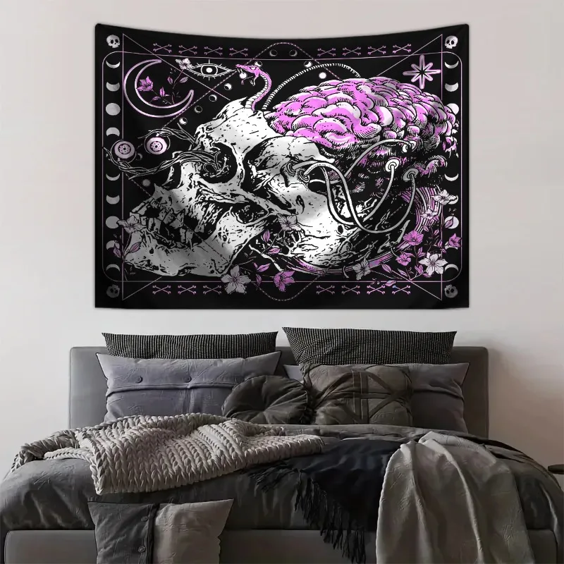 

1pc Gothic horror skull tapestry, skull floral plant tapestry, moon phase aesthetic bedroom living room decorative wall hanging