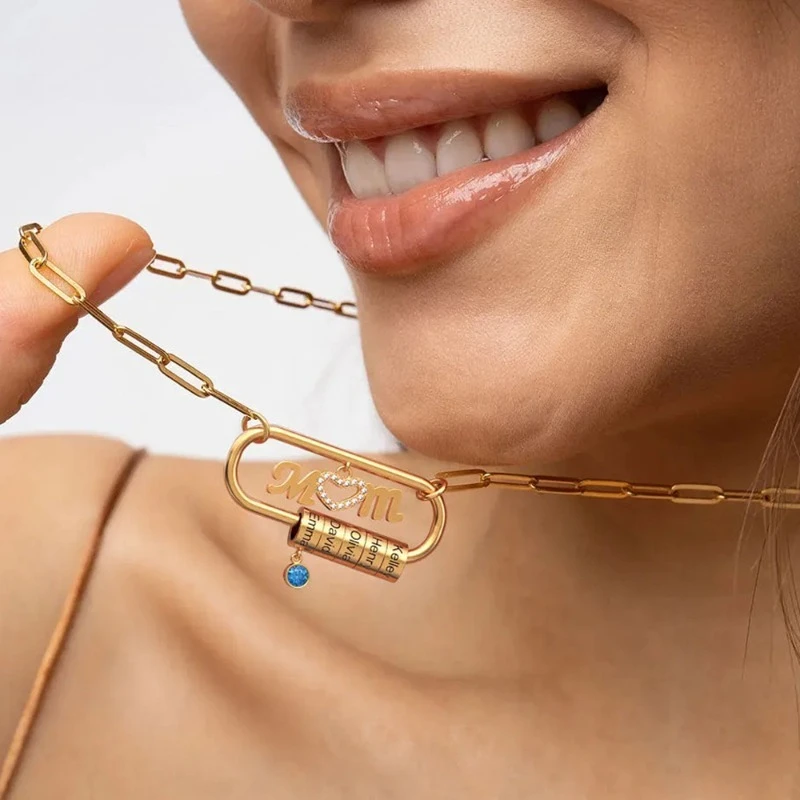 

Personalized Linda Oval Clasp Necklace With Birthstone Customized Engravable Name Charm Beads Pendant Jewelry Mom Christmas Gift