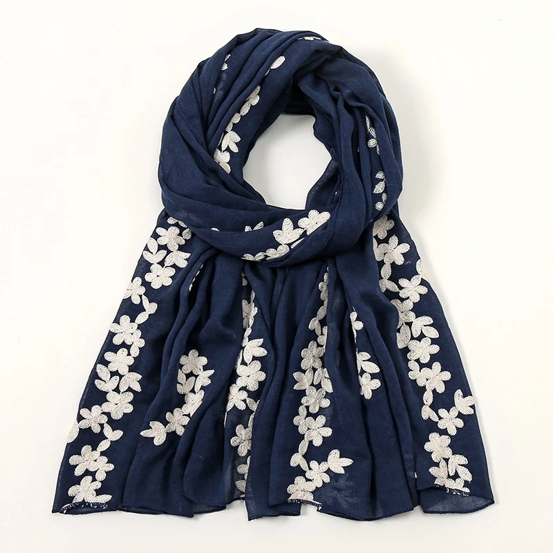 Elegant Embroidery Floral Scarf Shawls Muslim Woman Hijab Lady Viscose Shawl Soft Solid Color Long Wraps Casual Stole Headband