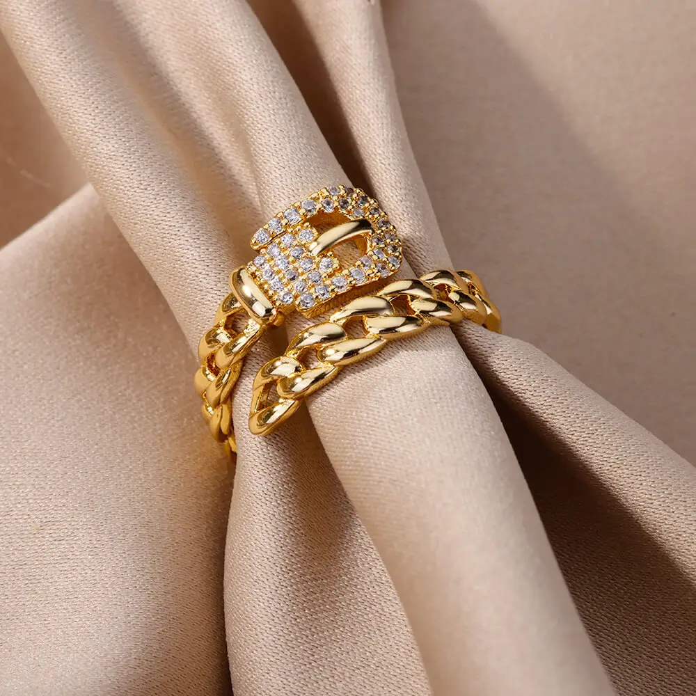 Belt Style Zircon Rings for Women 18K Gold Color Jewelry Fashion Accessories Aesthetic Open Adjustable Finger Ring Decoration