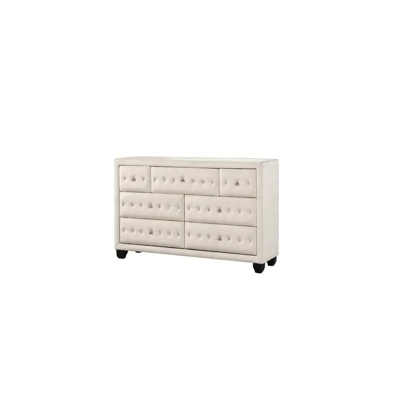 Modern Style Crystal Tufted Upholstered 7-Drawer Dresser in Velvet Fabric, Cream Finish, Wood Construction, NJ Inventory