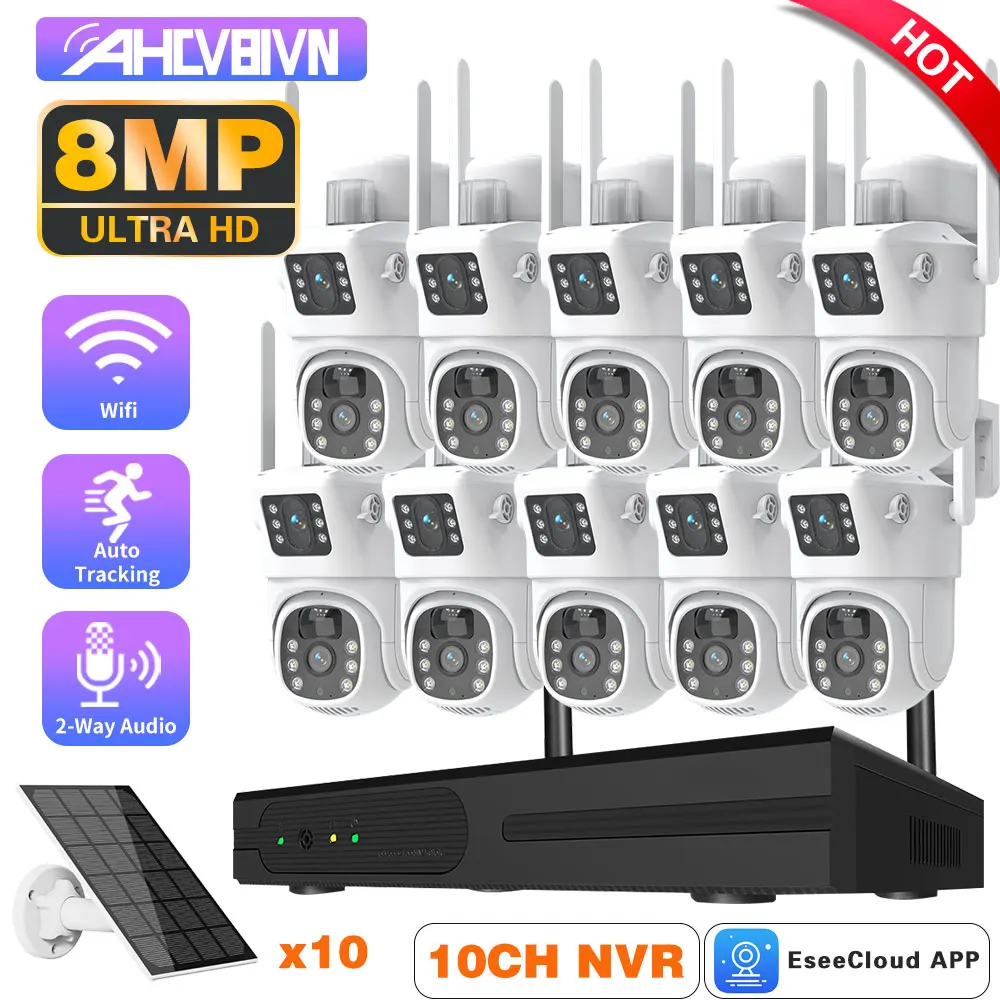 4K 8MP Dual Lens Wifi Solar CCTV Camera System 10CH Wireless NVR Kit Two-Way Audio PTZ IP Security Camera Video Surveillance Set