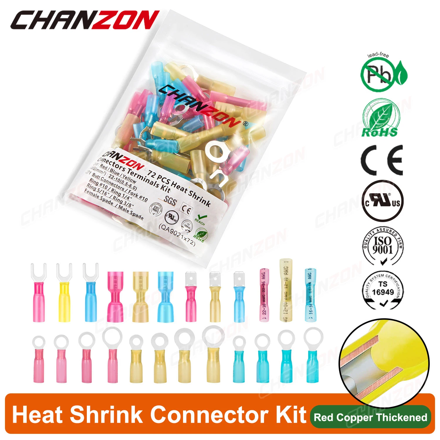 72PCS Schrumpf Butt Ring Spaten Gabel Draht Terminal Kit Wasserdicht Isolierte Crimp Splice Elektrische Kabel Joint Rohr Stecker – Detail 1