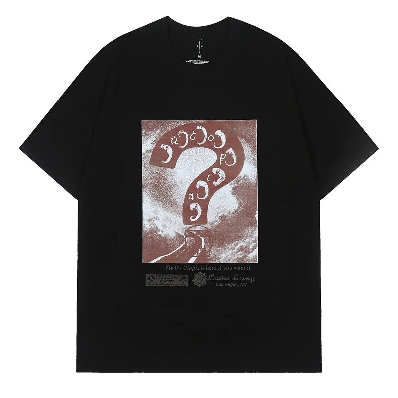 Summer Cactus Jack Utopia Tshirts Men Women Street Outfit Question Mark Graffiti Pattern Round Neck Casual Short Sleeve Top Tees
