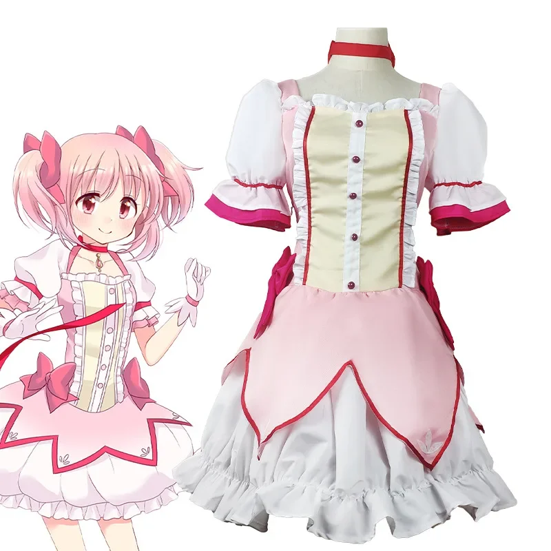 Customized Puella Magi Madoka Magica Cosplay Costume Madoka Pink Short Ball Dress Wig Chocker Girls Christmas Gift Dress Outfit