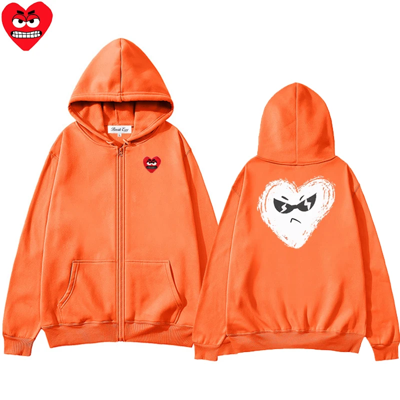 Splashing Ink Love Printing Men Women Zipper Hoodie Cool Cute Snag Heart Embroidery Polyester Pocket Loose Thin Autumn Sweater