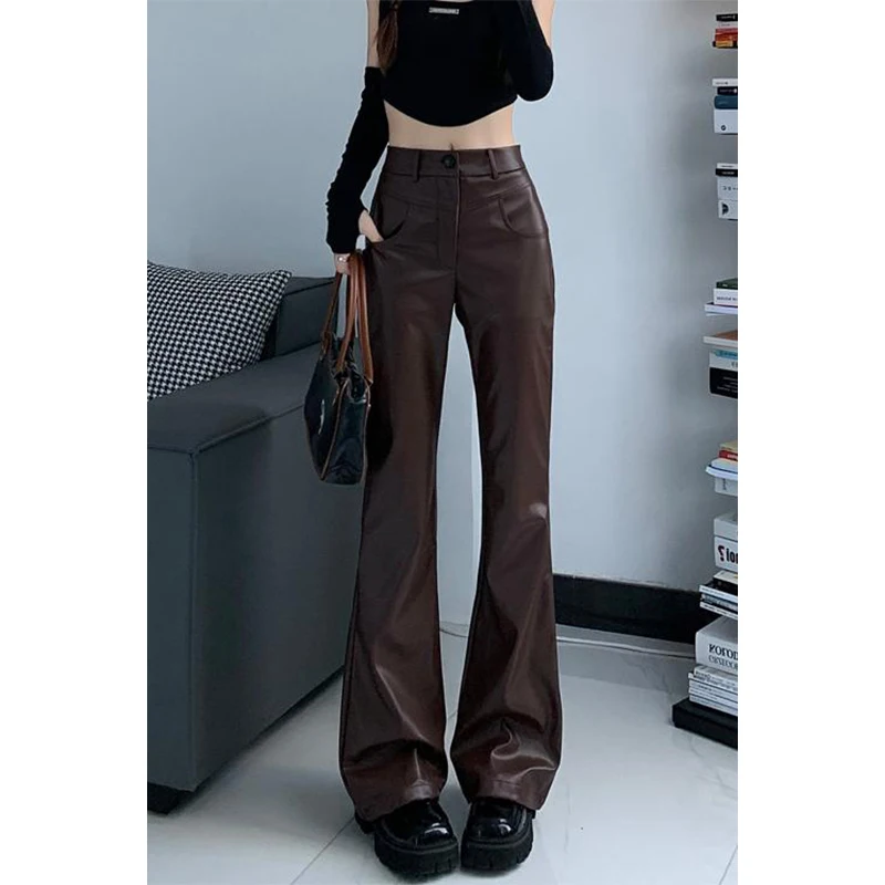 Women's Black Gothic Y2k Leather Pants Baggy Harajuku Japanese 2000s Style Emo Punk PU Pants 90s Vintage Trousers Trashy Clothes