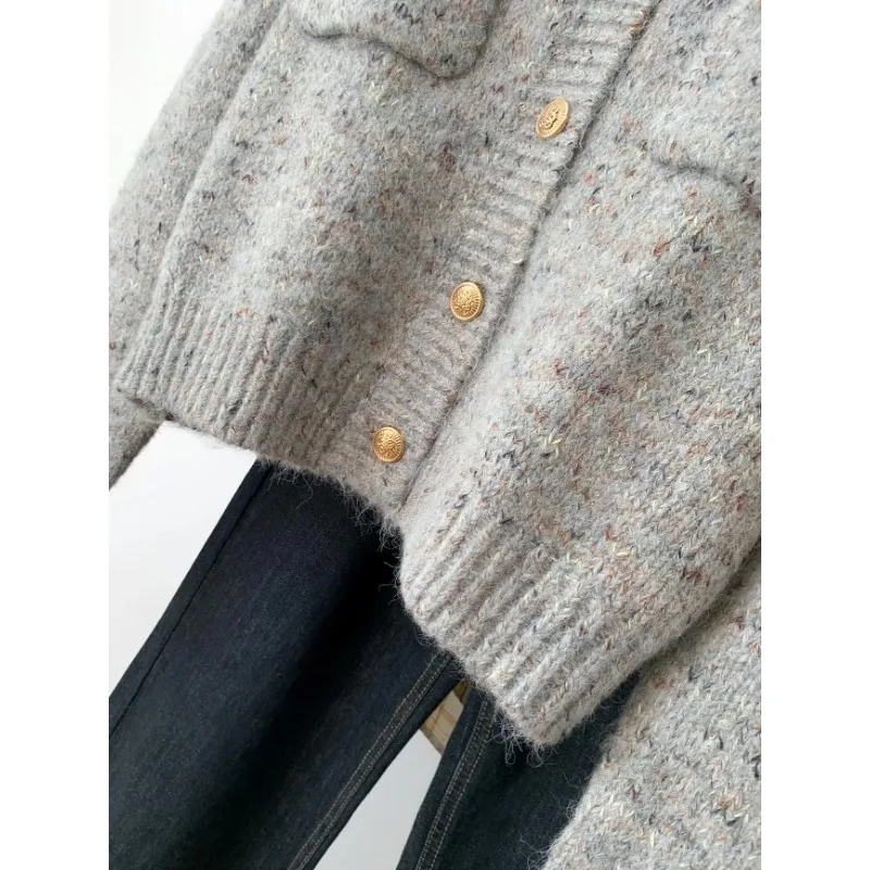 Korea Gold Buttons Grey Women Knit Cardigan Simple O-Neck Long Sleeve Sweater Coat Autumn Winter Office Lady Elegant Knitwear