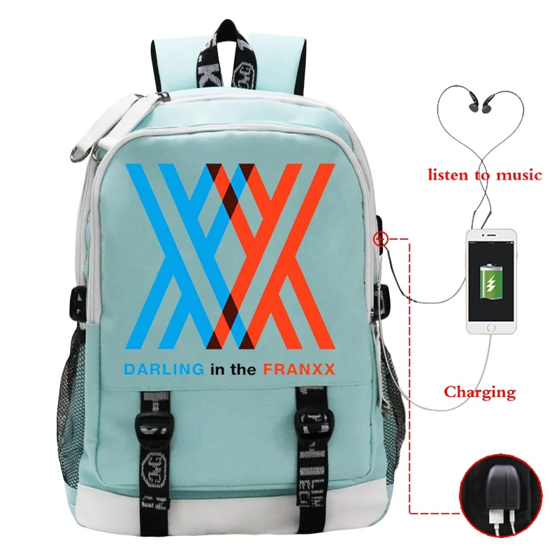 ESCURO na FRANXX-Zero Two USB Charging Backpack, mochila unissex de viagem de grande capacidade, mochila escolar casual diária para estudantes