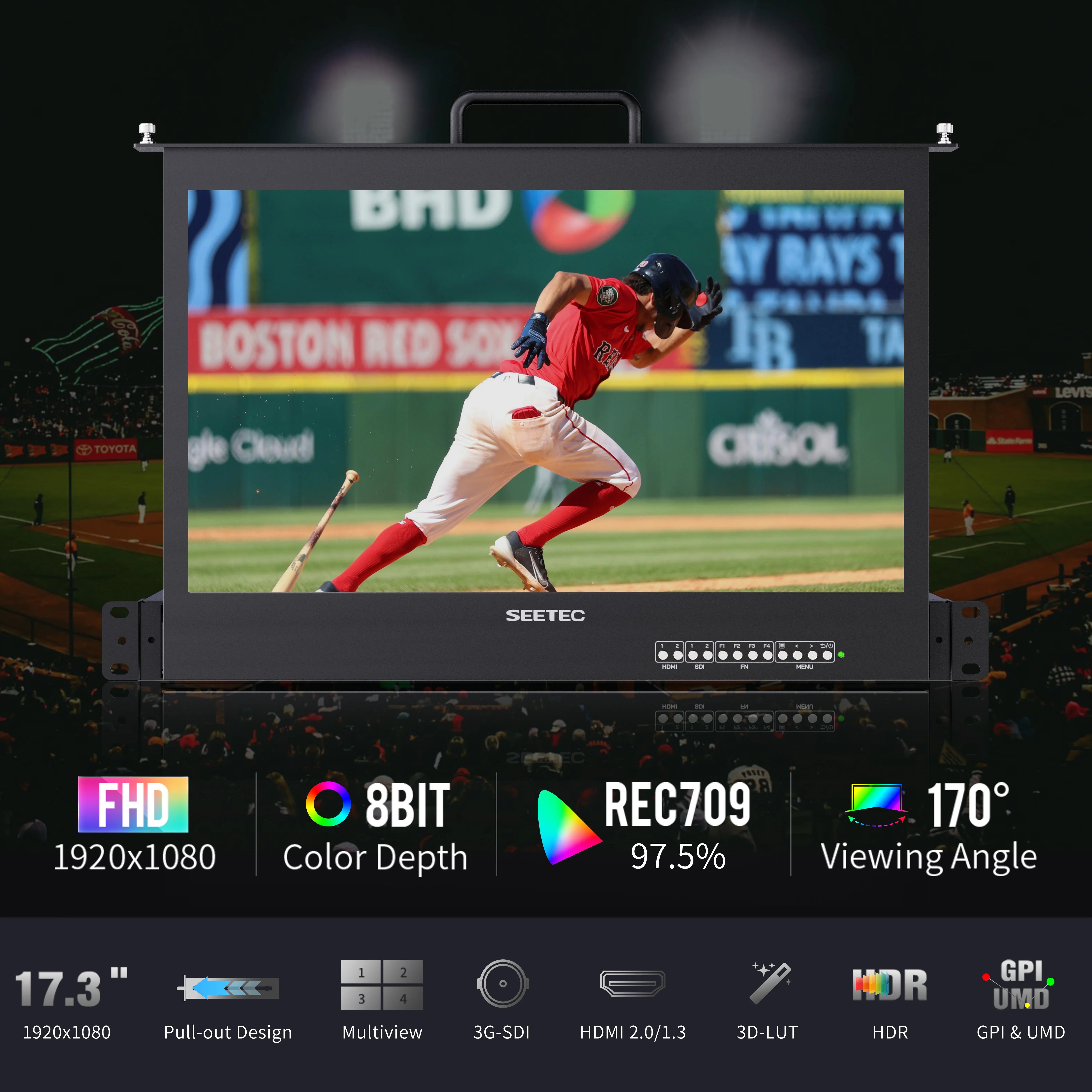 1RU Pull Out Rack Mount Monitor 17.3 Inch IPS 1920×1080 3G SDI 4K HDMI Multi-View Broadcast Studio Display Support Custom Logo