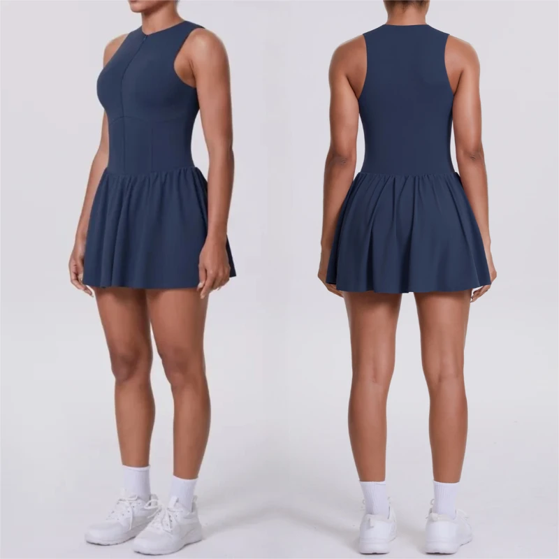 

Women's Yoga Dress Fake Two Piece Anti-Flash Liner Skirt Mock Neck Tennis Dress for Running Workout Outdoor