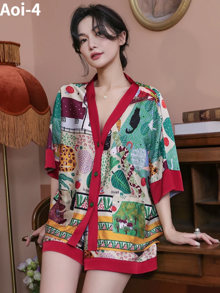 Sexy Ice Silk Pajamas Suit Women Summer New High Quality Fashion New Printed Top Cardigan+shorts Casual Home Clothes Outer Wear