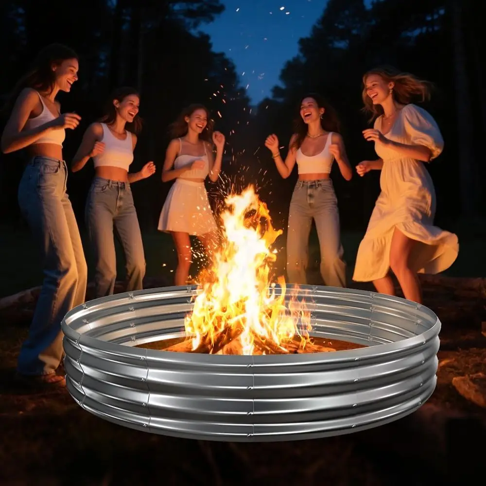 Large 6ft Diameter Galvanized Steel Fire Pit - Heavy Duty Silver Campfire Ring for Backyard & Camping
