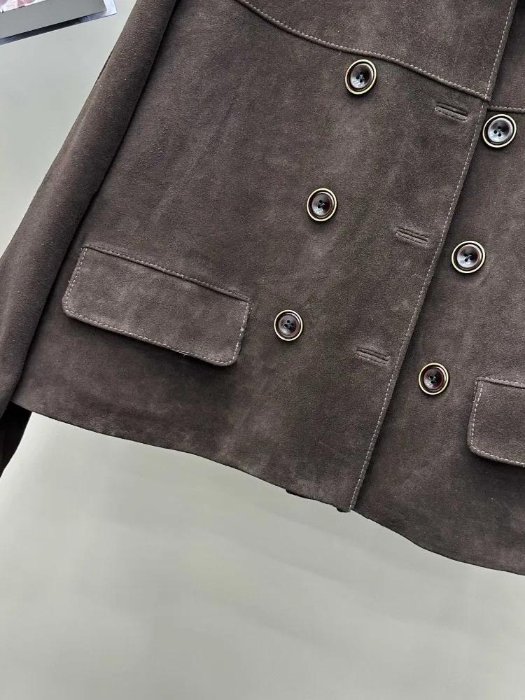 Autumn Women Suede Sheepskin Jacket Double Breasted Vintage Square Collar Design Genuine Leather Short Coat Long Sleeve Outwear