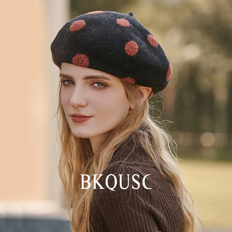 Polka Dot Wool Beret Women\'s Retro Warm Thickening Painter Hat Ladies Fashion Pumpkin Caps Wild Autumn Winter Women Cute Berets