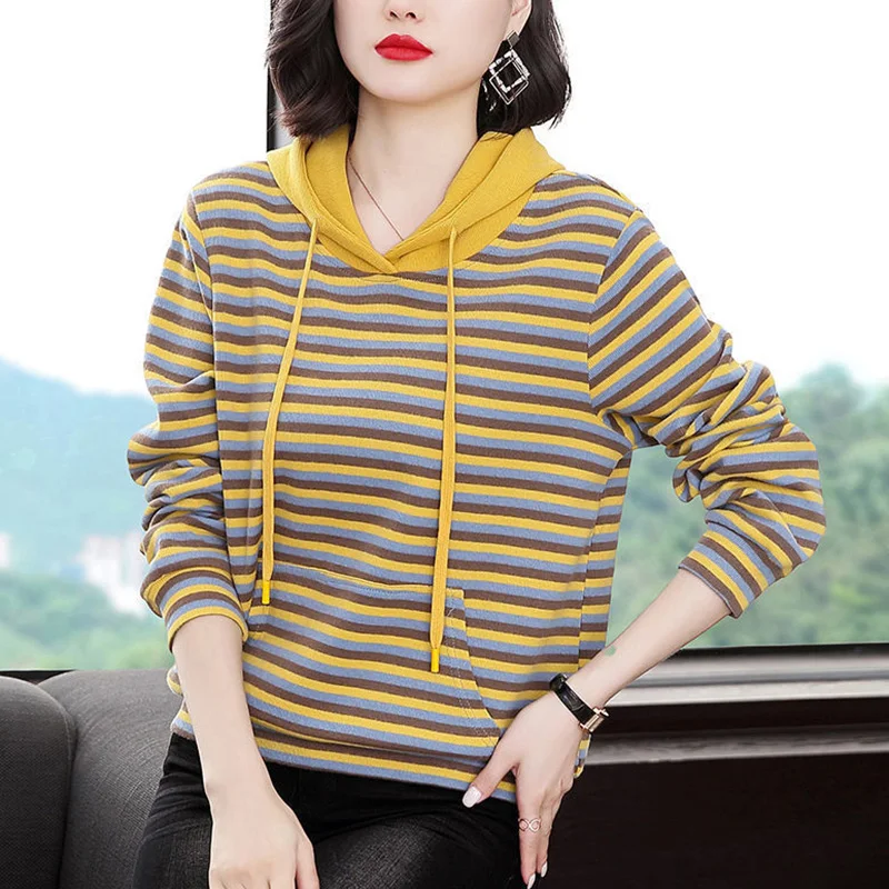 Fashion Hooded Spliced Pockets Loose Striped Hoodies Female Clothing 2023 Autumn New Casual Tops All-match Commute Sweatshirts