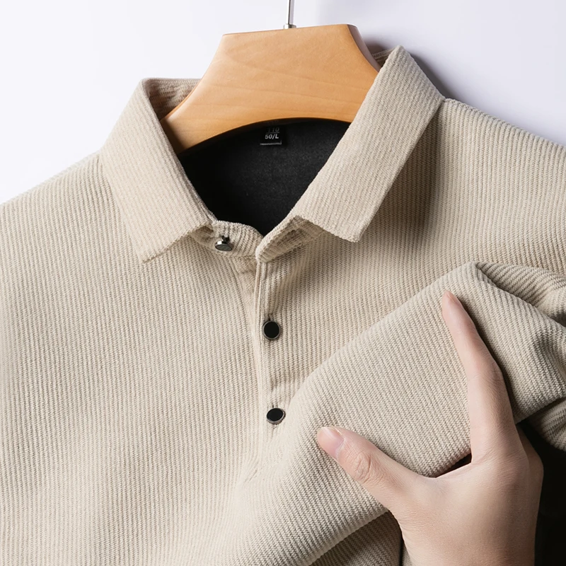 

Winter Men's Long Sleeved T-shirt with Thick Fleece Collar As Base, Business Casual Striped Fleece Warm Polo Shirt Top