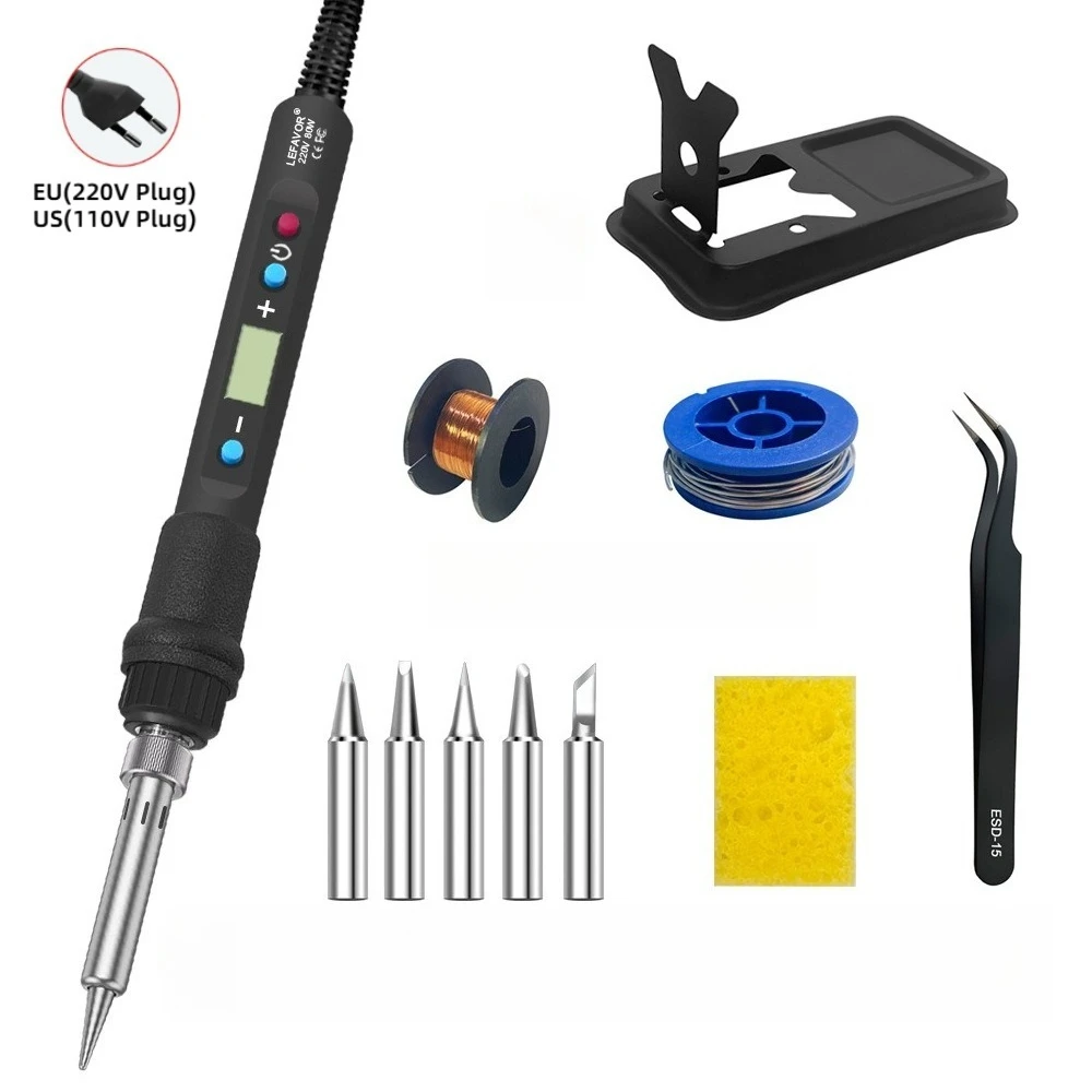 

80W Soldeerboutkit Verstelbare temperatuur LCD-soldeerlasgereedschap Keramische verwarming Soldeertips Pincet soldeerdraad
