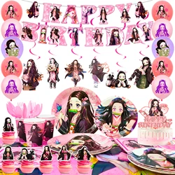 Nezuko Birthday Decorations,117pcs Nezuko Party Decorations&Nezuko Party Tableware Set- Plates Tablecloth Banner Balloons etc.