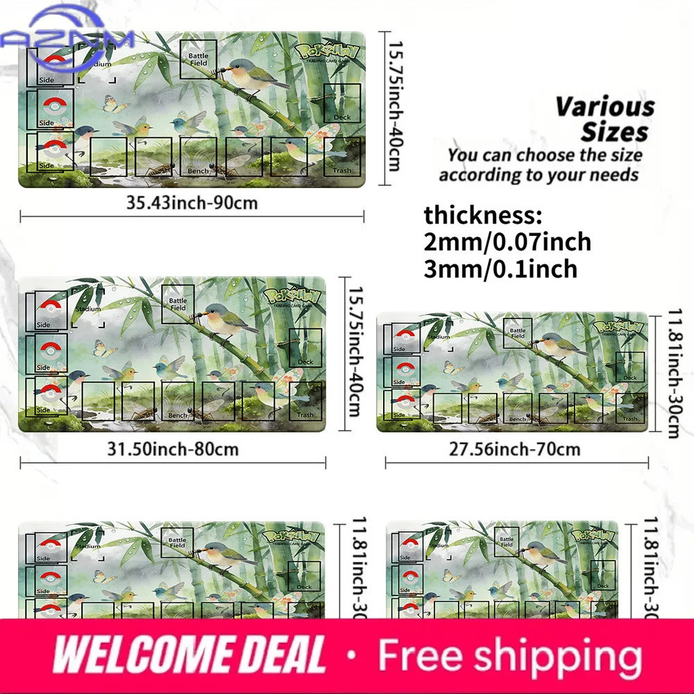 Pokemon Bamboo Forest Bird TCG Playmat, Anime Trading Card Game Mat with Zones, 2mm/3mm Non-Slip Mouse Pad for CCG MTG