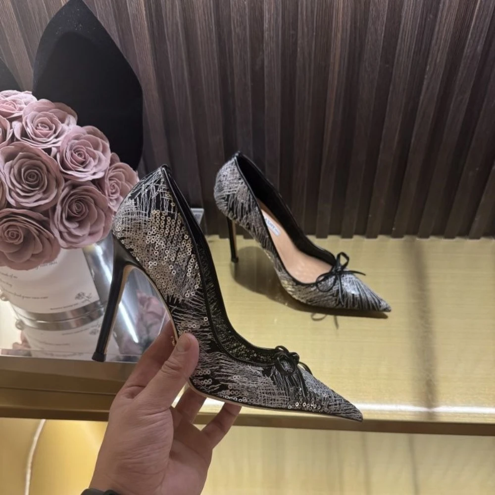 Genuine Leather High Heel Advanced Black Shoes Women 2026  Sequins Sexy Wedding Shoes Party Single Shoes Original