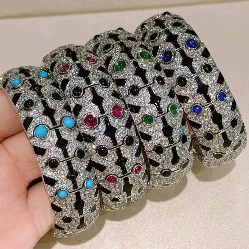 

BELLUX браслет из стерлингового серебра 925 пробы с позолоченным леопардовым узором, синтетический цирконий, эмалированный браслет для рукоделия, винтажный открытый браслет