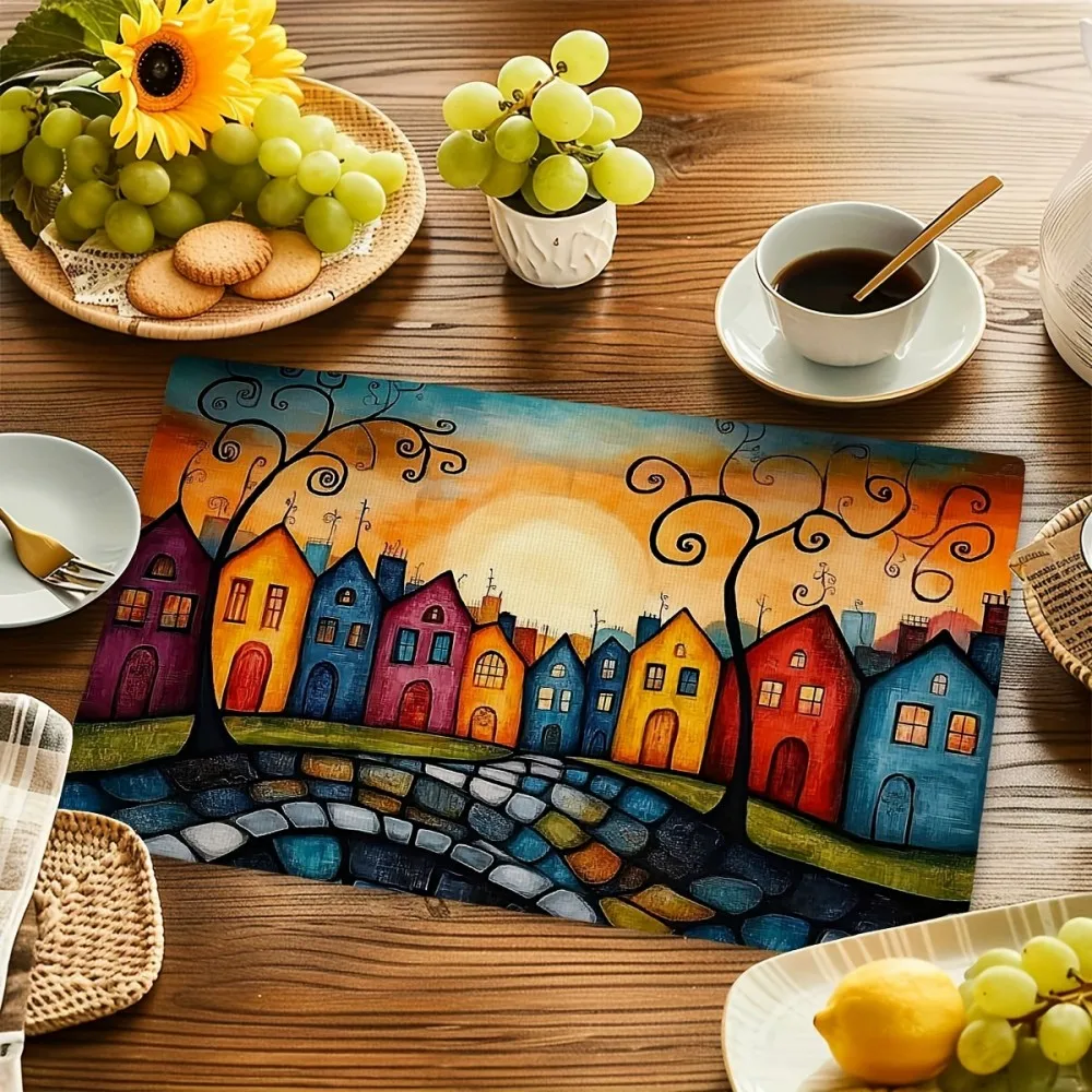 

Настольный коврик VIKAMA из 4 предметов — красочный домашний узор «Закатная деревня», набор нескользящих ковриков для стола, подходит для украшения дома в ресторане