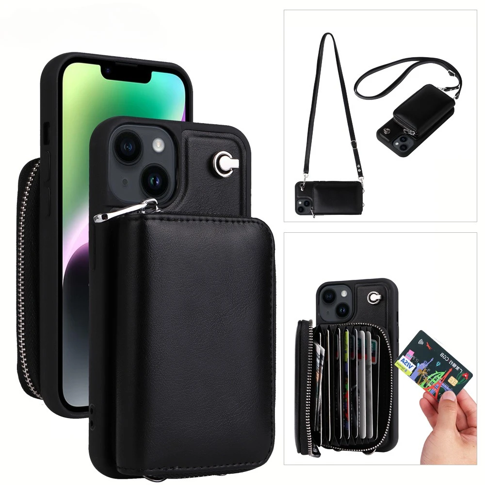 

Crossbody Zipper Cards Solt Wallet Leather Book Case For iPhone 16 Pro Max 15 Plus 14 13 12 11 Long Lanyard Bag Detachable Cover