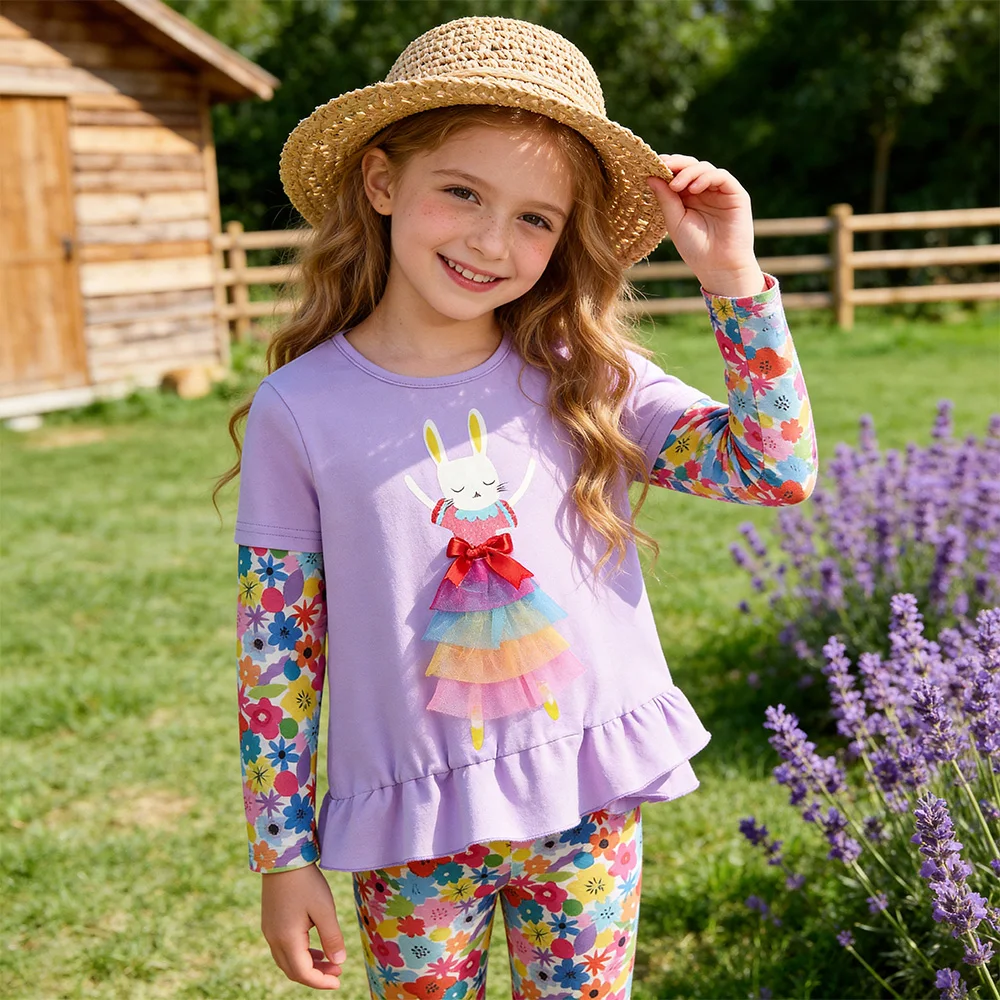 Mädchen 3D Hasen-Blumendruck Langarm Baumwoll-Freizeitshirt und Leggings 2-teiliges Outfit Kinder Lavendel Weiche Kleidungssets – Detail 4