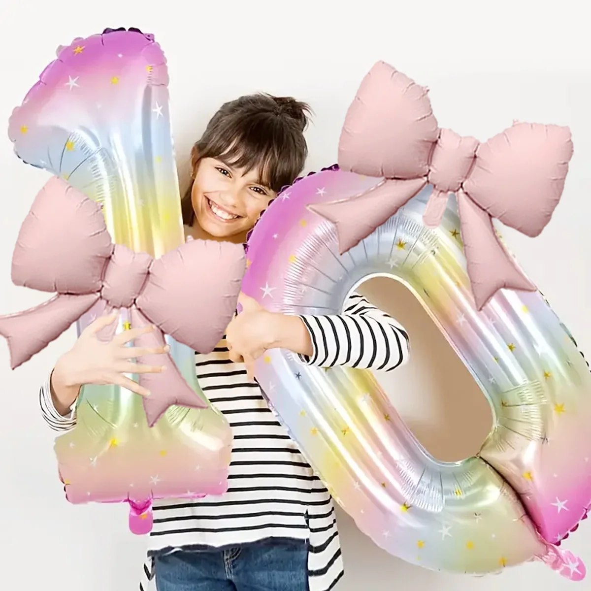 40 بوصة قوس قزح السماء المرصعة بالنجوم الرقمية الألومنيوم احباط بالون مع القوس الوردي الأميرة نمط حفلة عيد ميلاد الديكور (0-9)