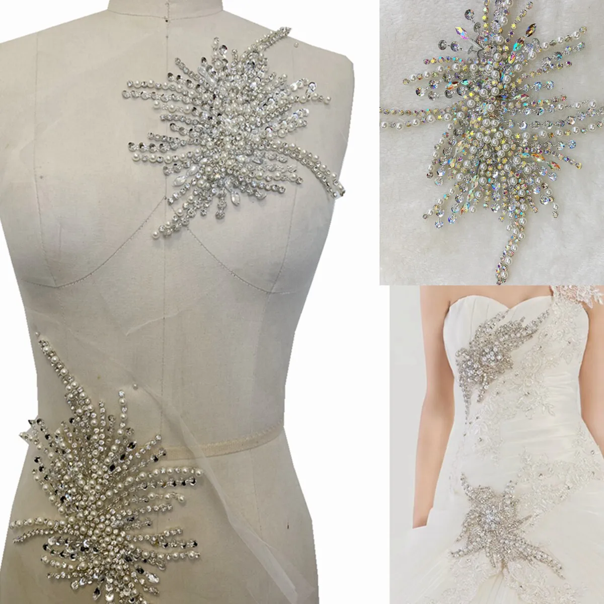 

Shimmering Hand-Beaded Pearl Crystal Floral Applique Heavy Embellishments for Luxury Wedding Stage Costumes Dress Accessories