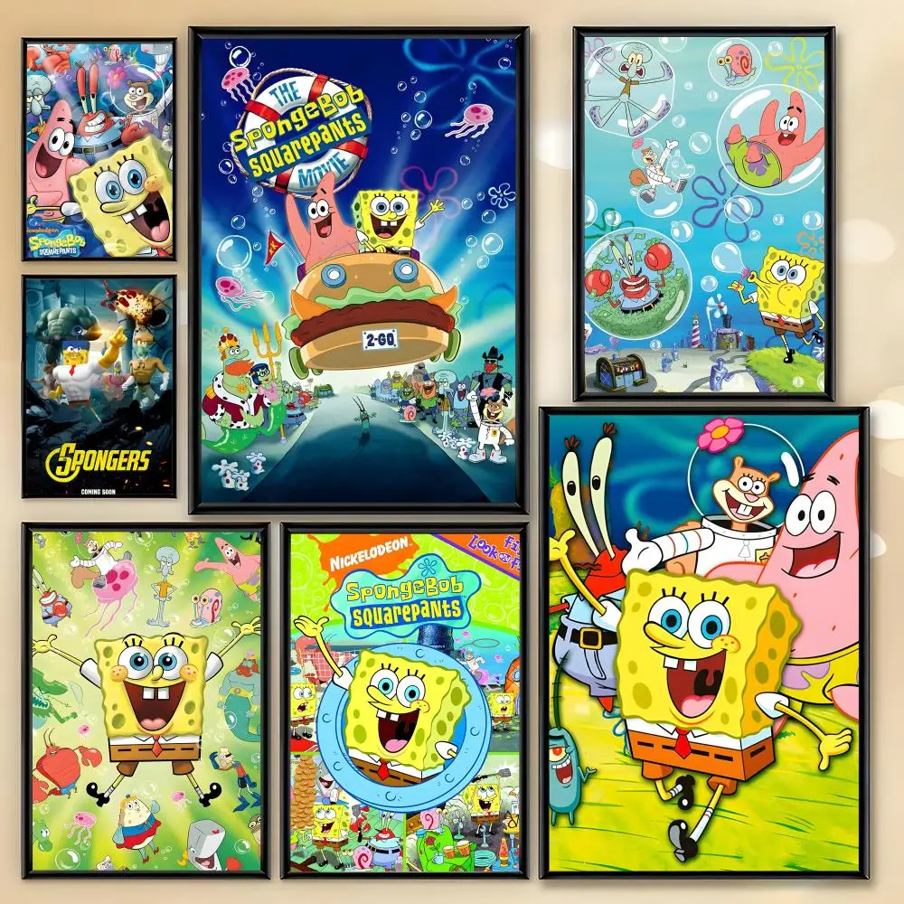 Niedliches SpongeBob Schwammkopf Poster HD-Kunst Klebende Wanddekoration für Zimmer Wasserfeste Wohnzimmer- und Bar-Dekoration